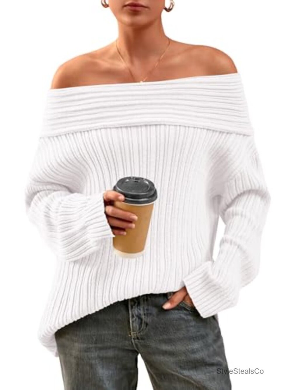 Off the Shoulder Oversized Ribbed Knit Sweater Long Sleeve Pullover